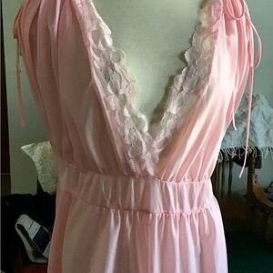 Elegant Lace Trim V-neck Pink Nightgown gathered waist, ankle-length.